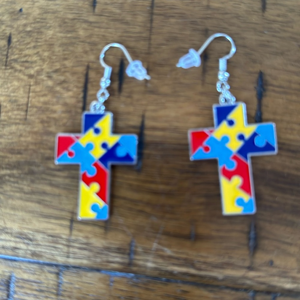 Autism Awareness Cross Puzzle Earrings - Picture 8 of 16